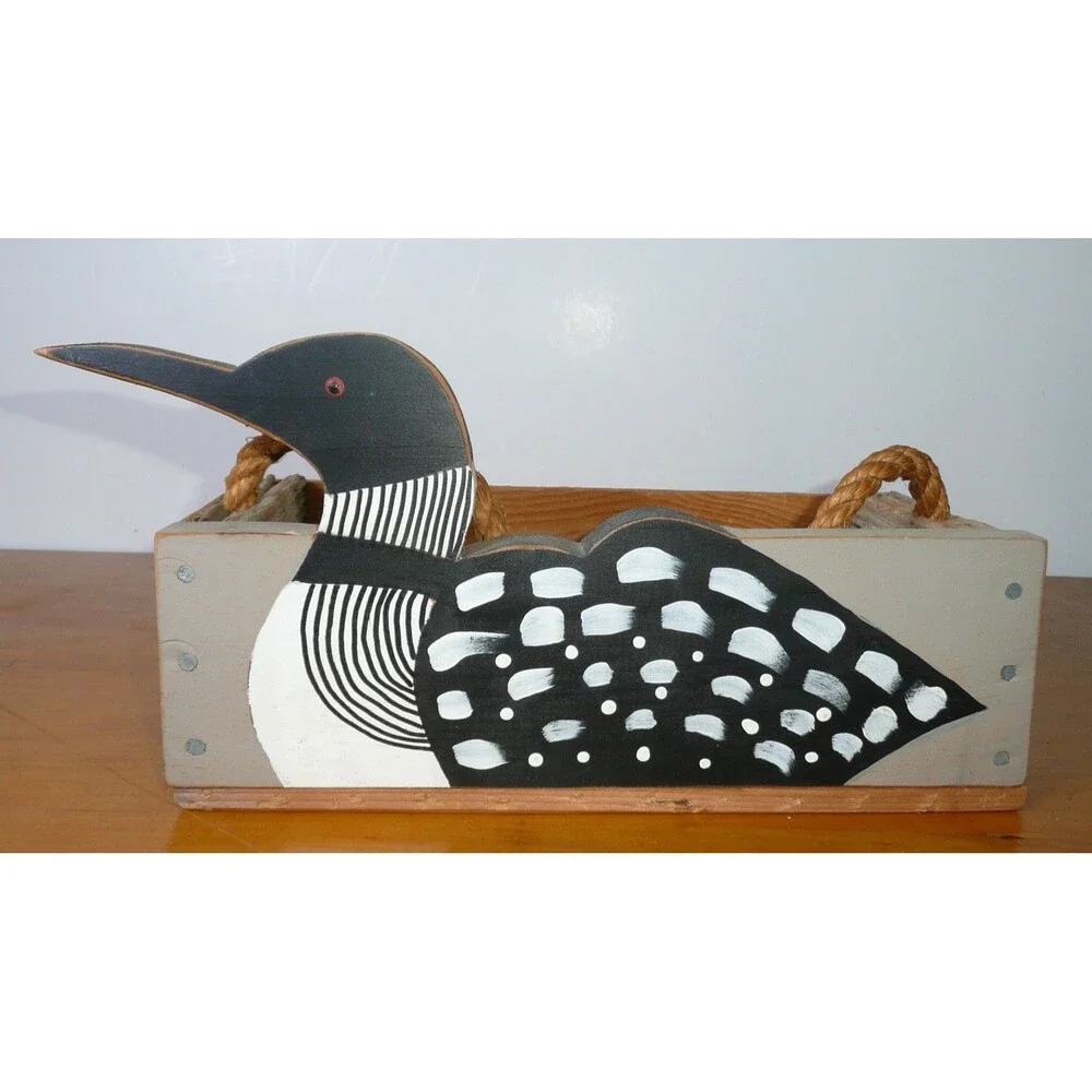 Rustic Hand Painted Wood Loon Bird Crate Box With Rope Handle Small Duck
